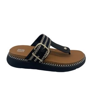 Fitflop Sandals Women Black Tan Woven Strap Platform Thong Buckle Shoe US 9